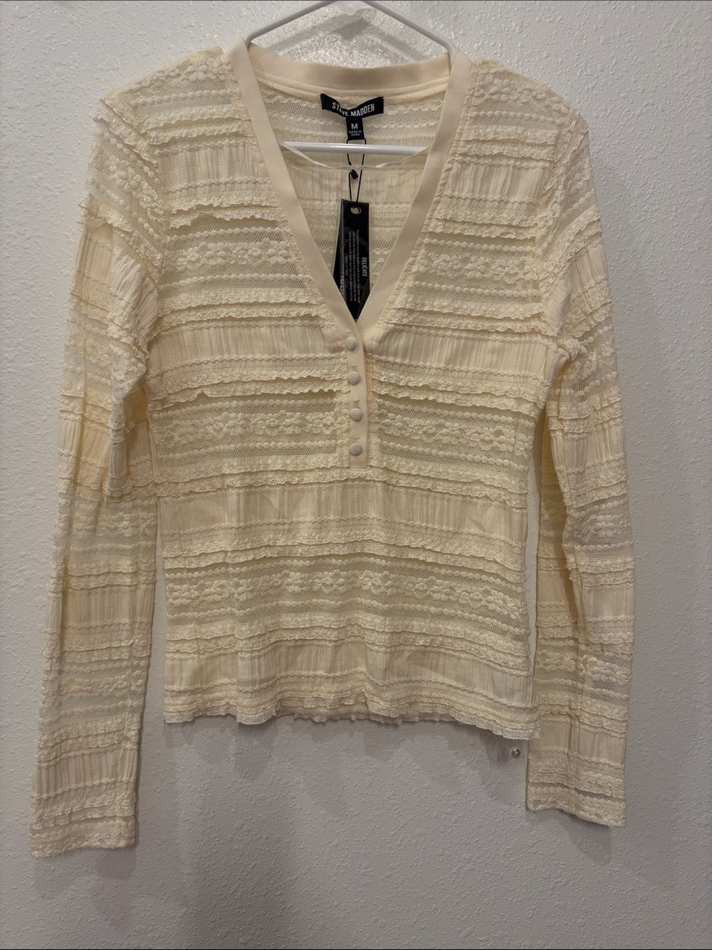 Steve Madden Cream Lace-Trim V-Neck Long Sleeve Top